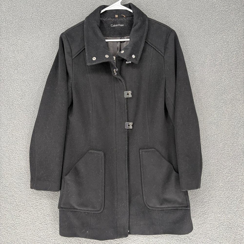 Calvin Klein Womens Black Wool Blend Toggle Funnel Neck Coat Jacket Size 12